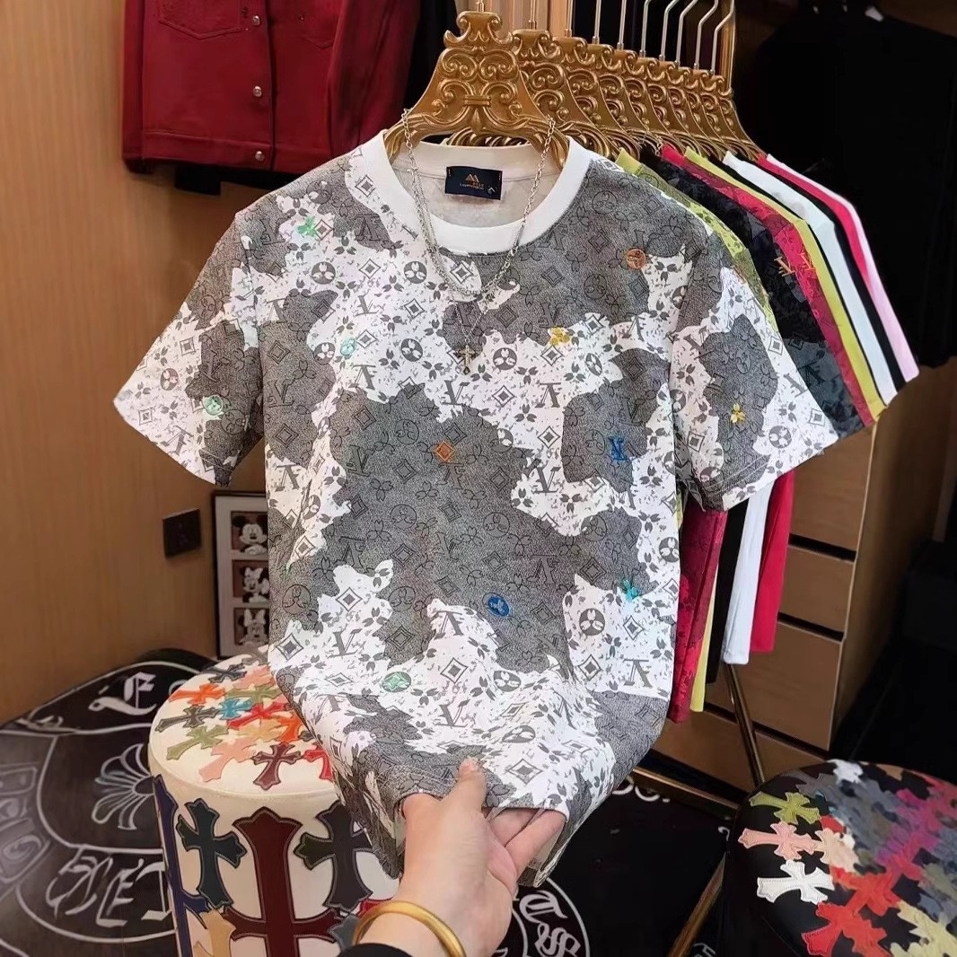 free shipping summer new versatile casual men's short sleeved fashionable trendy printed slimming top white black green plus size L-6XL