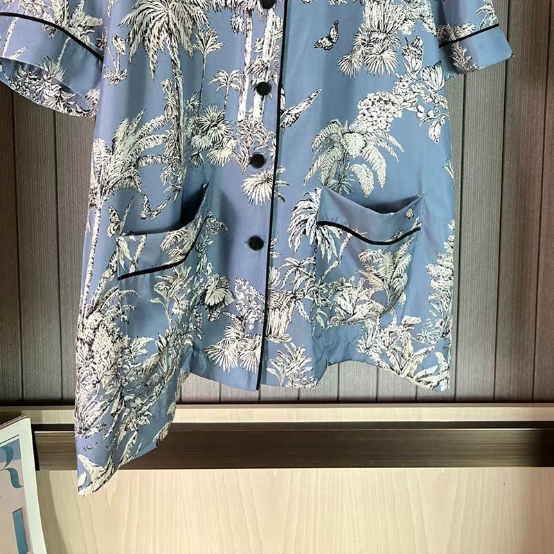 Ladies Silk Palm Print Shirt Pajamas Summer Designer Button-Down Sleepshirt Dual Pockets Clothing Y2K Resort Loungewear S0759