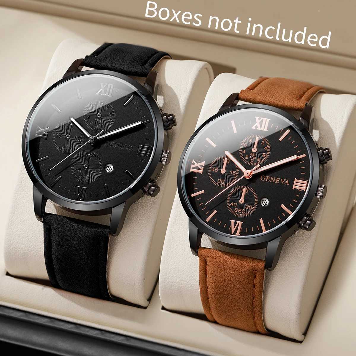 1/2PCs Mens Casual Calendar Watch Fashionable Mens Temperament Leather Quartz Watch Unisex Watch Set (Box Not Included) W250724