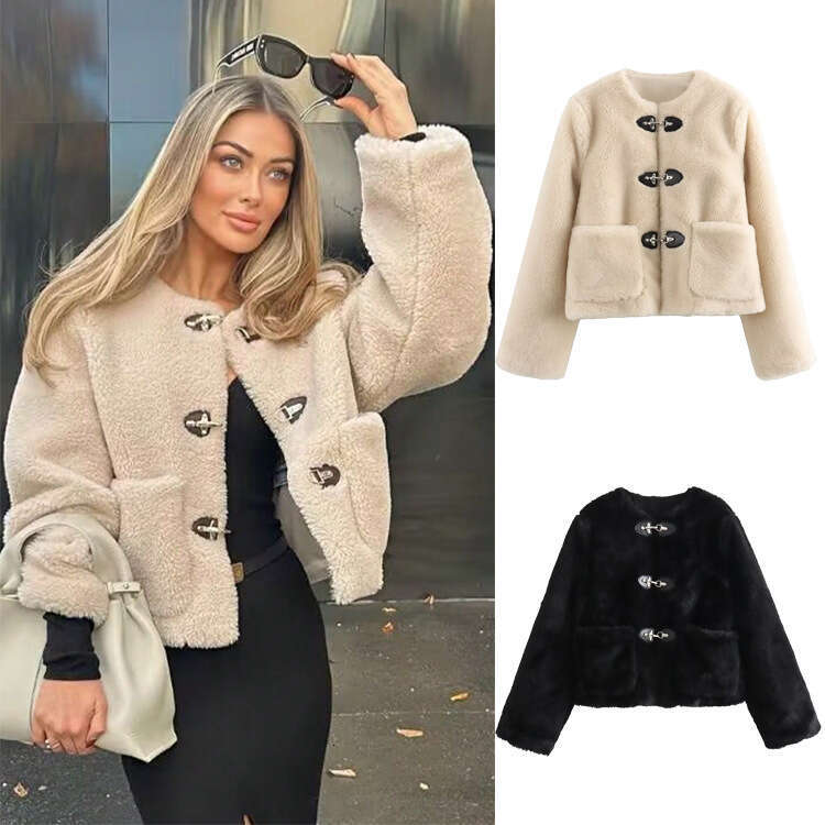 TRAFZA And Autumn INS Women's Two-Color Spring Buckle Fleece Jacket Coat B5