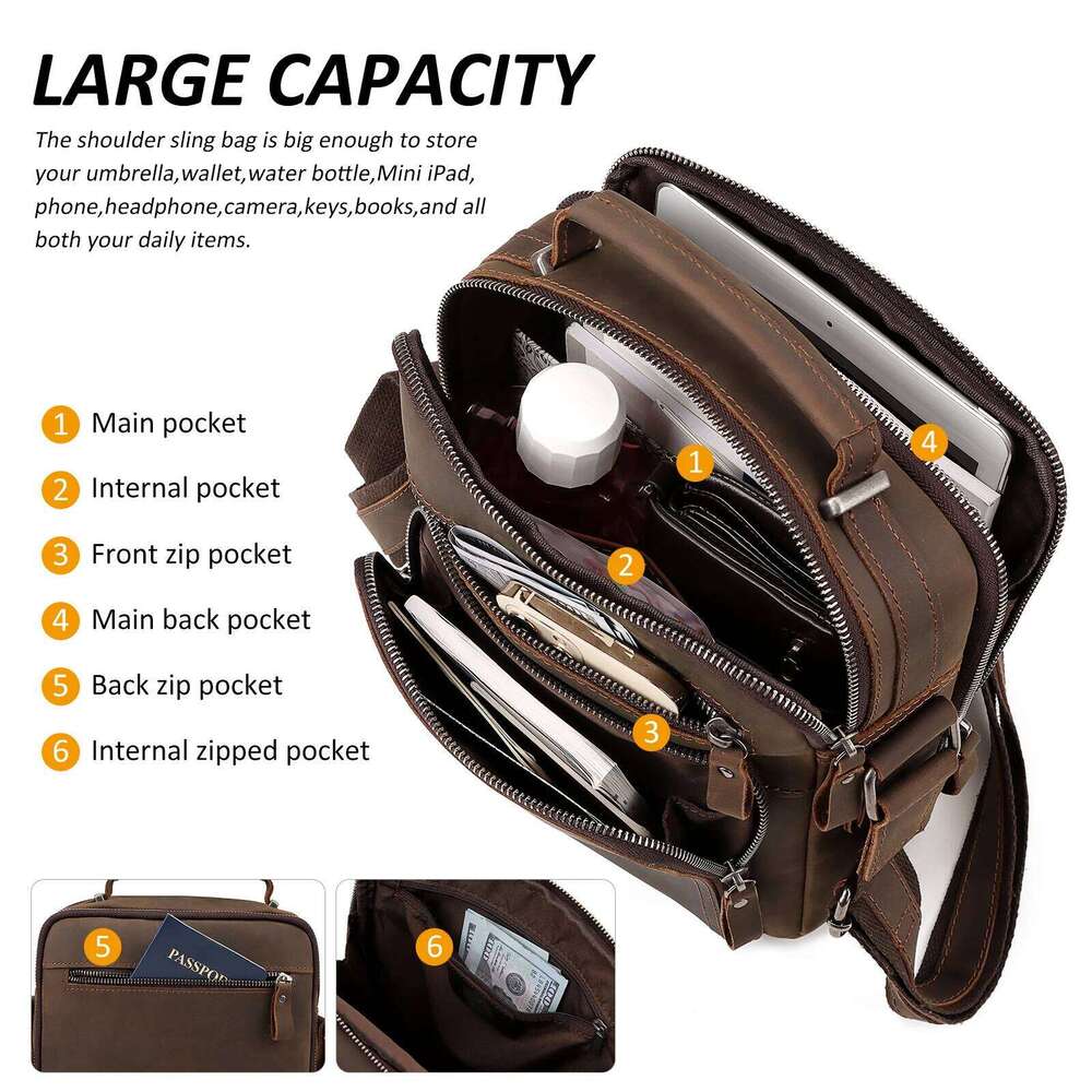 Crazy Horse Leather Men's Shoulder Bag Vintage Crossbody Man Casual Office Messenger Bags forWork Business Travel Handbag