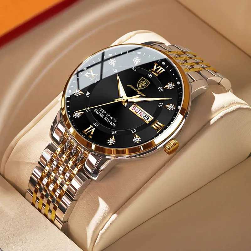 POEDAGAR Men Watches Stainless Steel Push Button Hidden Clasp Week Date Waterproof Luminous Top Brand Luxury Quartz Wristwatch W250724