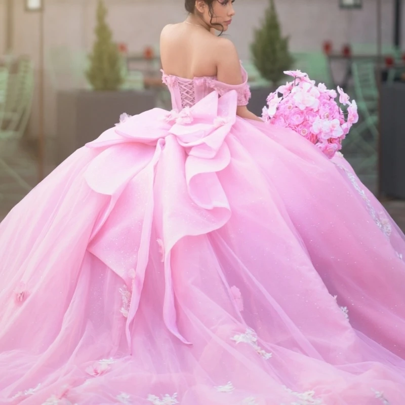Pink Shiny Quinceanera Dresses Off Shoulder Ball Gown Sweet 16 Dress Applique Flower Beads Bow Tull Corset Birthday Party Vestidos 15 Anos