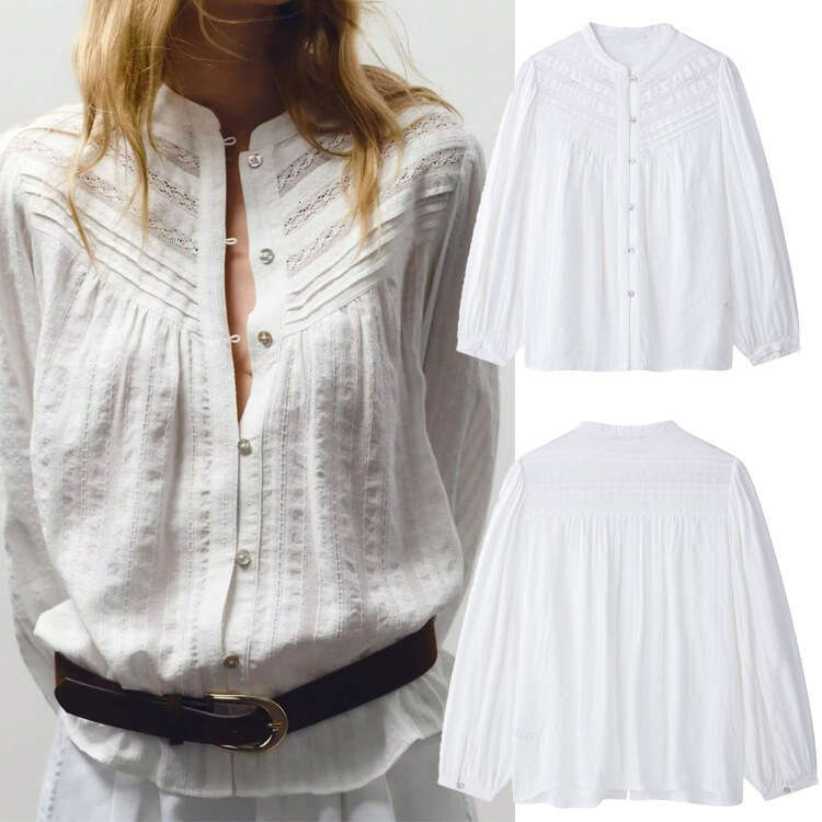 TRAFZA Style Women's Clothing Ruffled Trim Round Neck Long Sleeve Vertical Lace Plaid Shirt B5