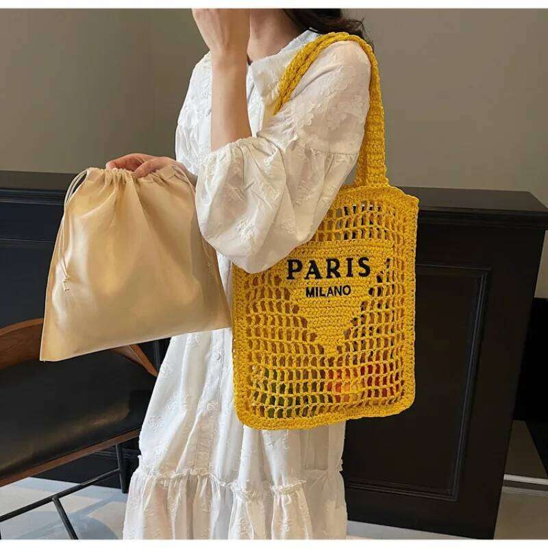 Hollow Woven Women's Embroidery Letter Summer Straw Shoulder Bags Women Beach Bag Large Capacity Casual Tote Female