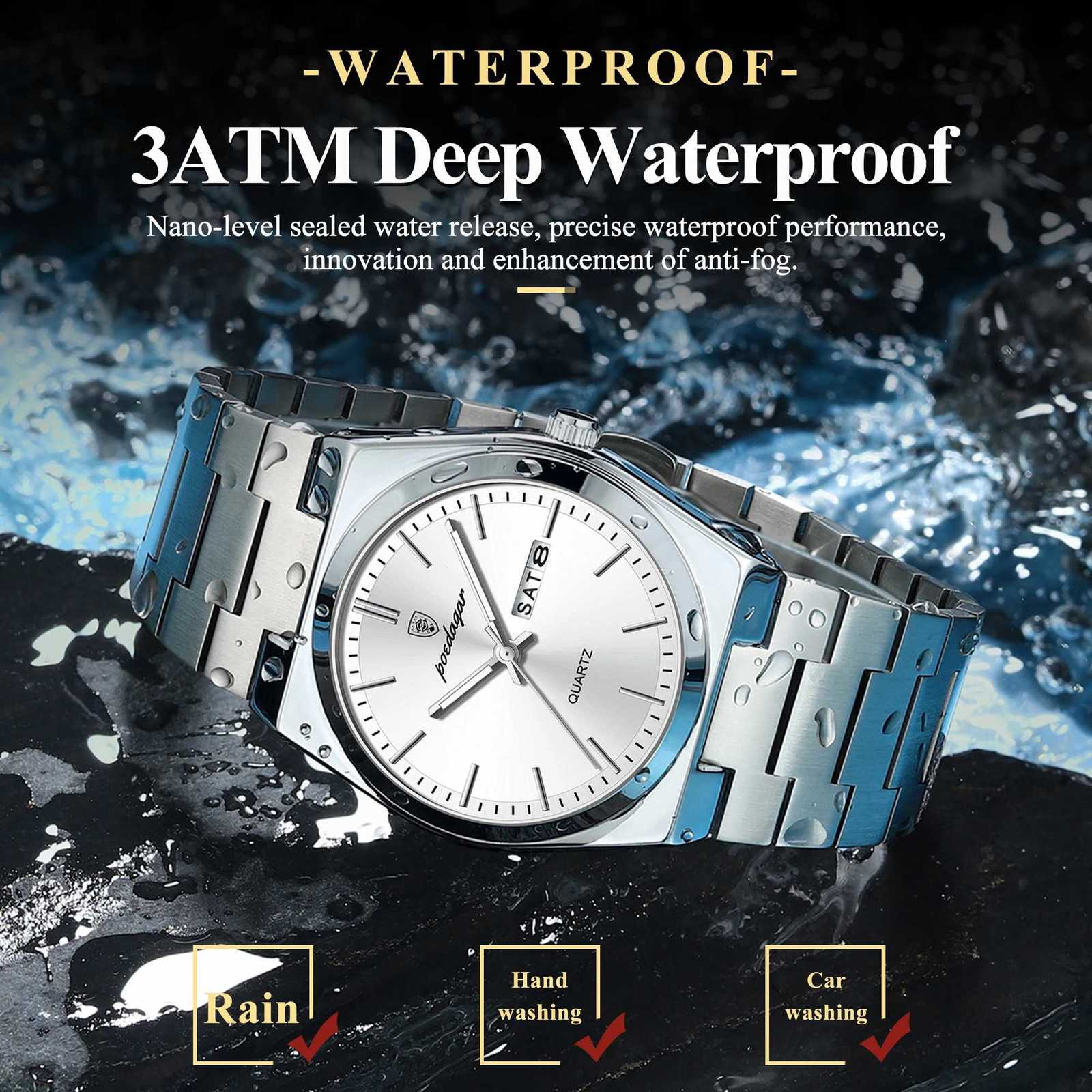 POEDAGAR Luxury Business Mens Wristwatch Waterproof Luminous Stainless Steel Mens Watch Date Week Fashion Quartz Mens Watches + Box W250724