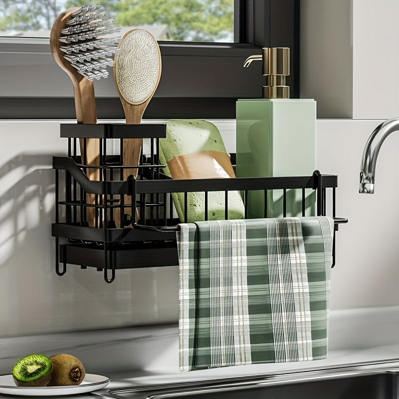 2-in-1 Kitchen Sink Organizer (9.5") Sponge Holder with Soap Dispenser Tall Brush Stand Rustproof ABS Plastic with Non-Slip Base Black Countertop