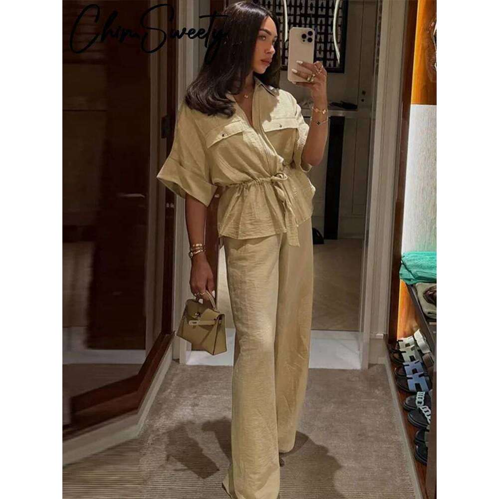 Designer niche casual loose zipper V-neck lace-up pleated top wide-leg trousers set summer women's single clothing new product