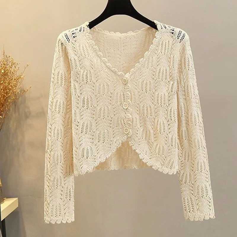 2025 New Summer Hollow Out Knitted Sweater Cardigan Ice Silk Thin Short Shawl Top Womens Long Sleeve V-neck Sunscreen Jacket X250724