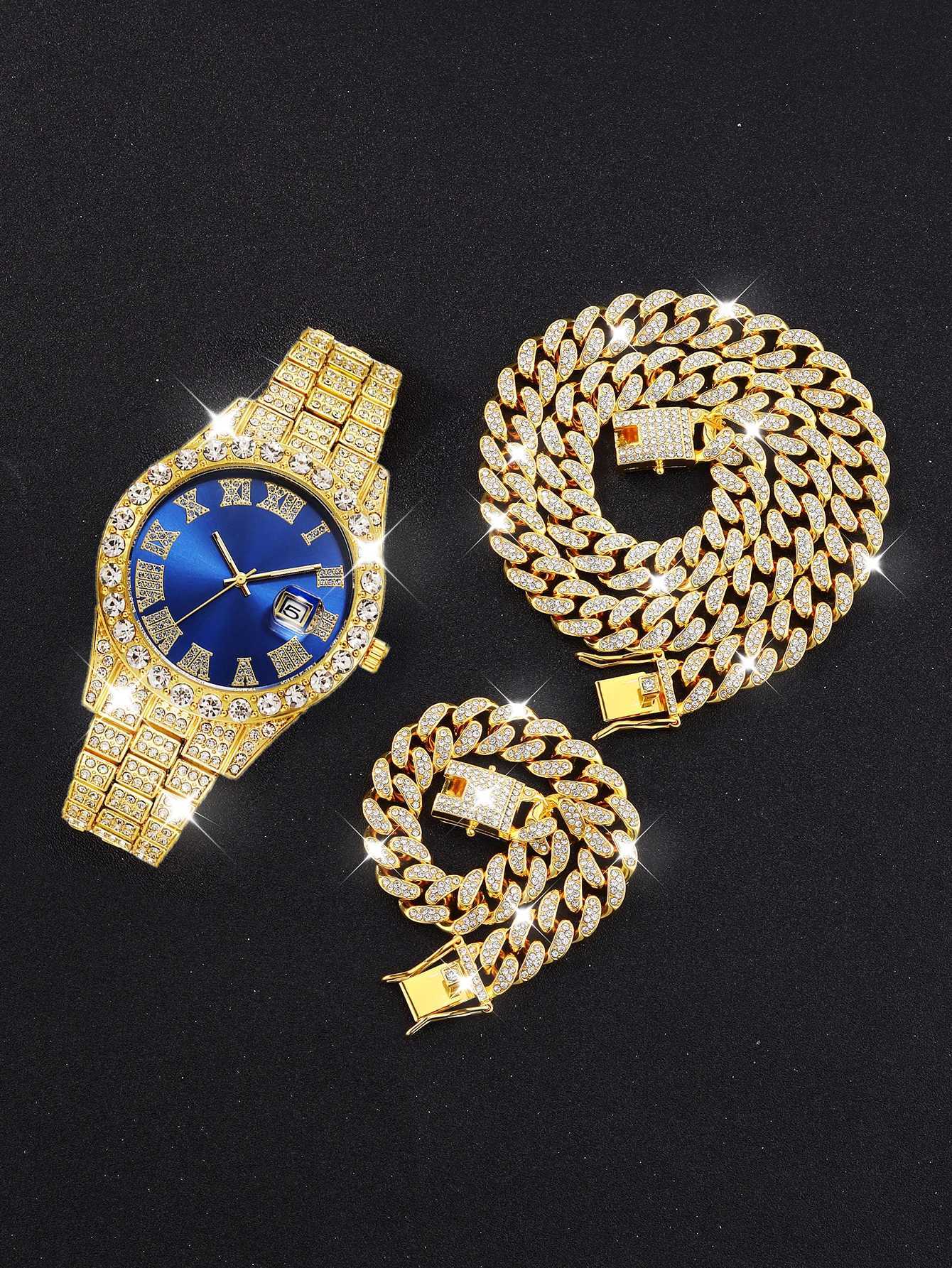 3PCS luxury alloy full diamond rhinestone mirror mens quartz watch with calendar and Hip Hop Cuban Necklace bracelet set W250724