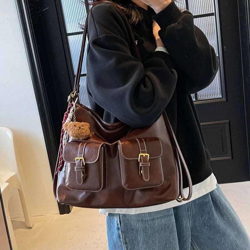 New Retro Trendy Versatile Large Capacity Multi Pocket PU Leather Single Shoulder Crossbody Bag Simple Casual Armpit Bags MDNG