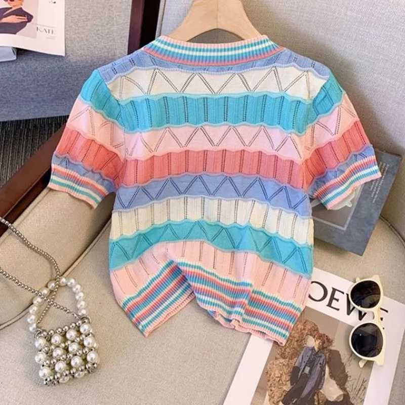 2025 New Vintage Striped Multicolor Short Sleeve Cardigan Summer Hollow Out Knitting Temperament Trend Sexy V-neck T-shirts Tops X250724
