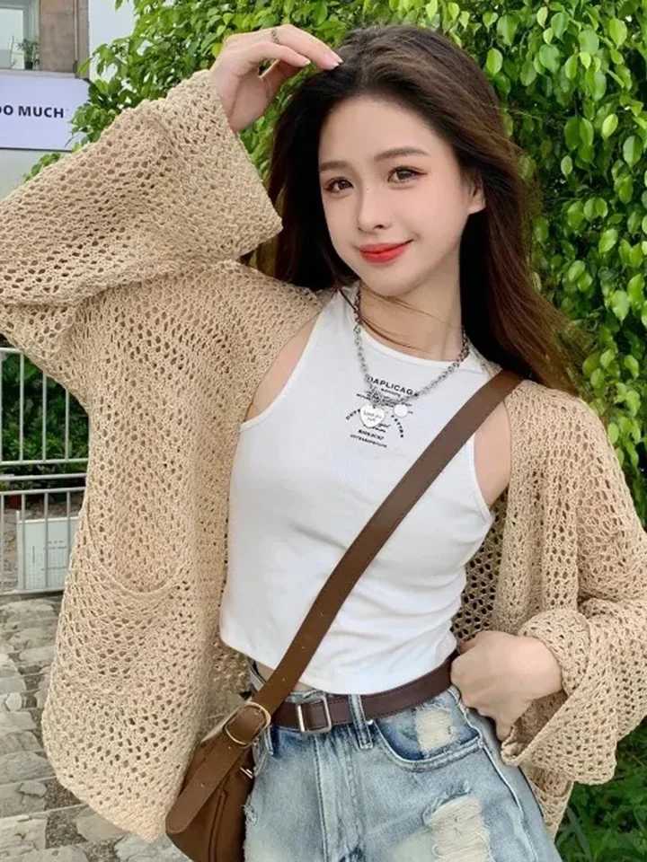 Women Hollow Out Knitted Cardigan Sweaters Autumn Simple Lazy Wind Long Sleeve Outerwear Boho Sun Proof Holiday Lady Coat Tops X250724