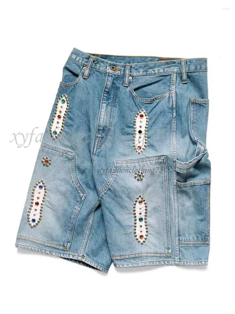 Men's Shorts KAPITAL 23SS 21SS Blue Dyed Retro Distressed Loose Rivet-Inlaid Gemstone Denim Cotton jeans Jacquard feather pants bell bottoms Nylon casual shorts aa