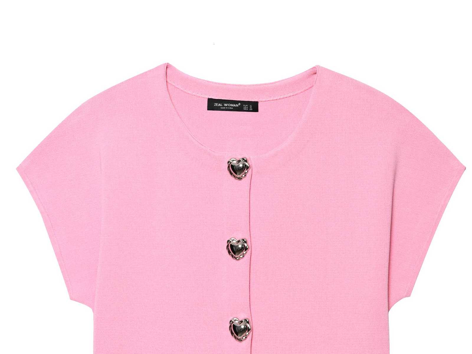 2025 Summer New Product Womens Clothing Fashionable and Versatile Heart Button Round Neck Short Sleeve Knitted Top X250724
