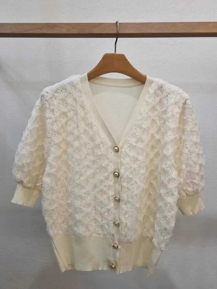 Summer V Neck Single Breasted Swt Cardigan Womens Clothing Lace Patchwork Fashion Sweater Korean All Match Short Sleeve Tops X250724