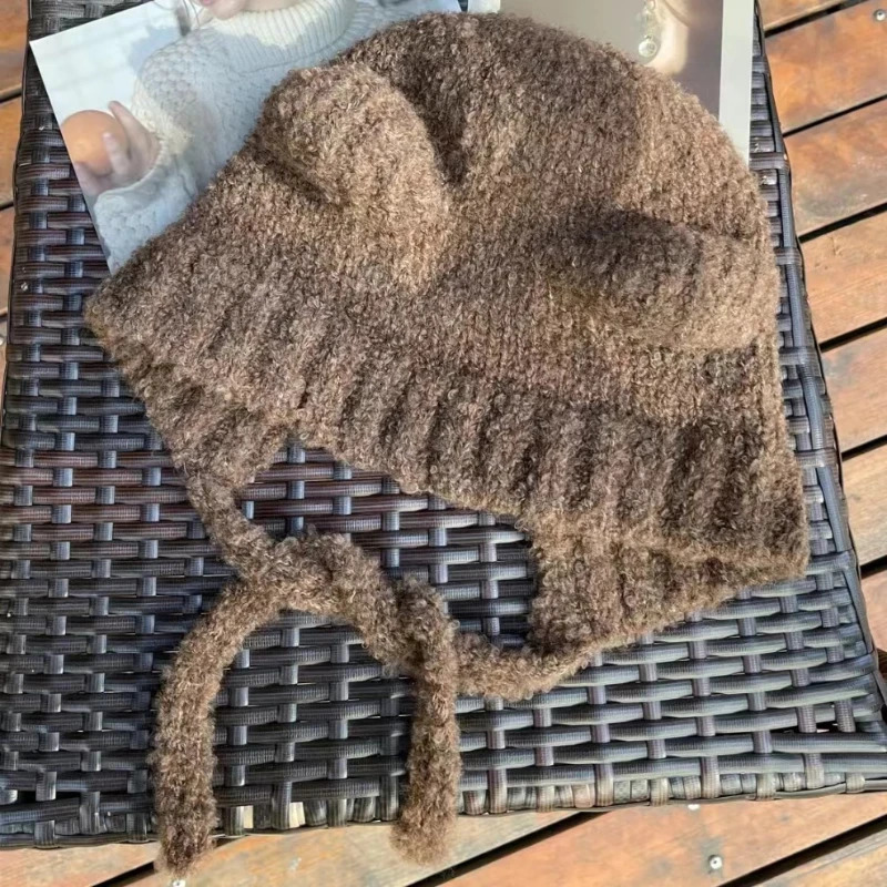 Cute Bear Ear Wool Hat Autumn and Winter Warm Versatile Lace-up Ear Protection Knitted Bomber Cap Bonnets for Women Gorros 250722