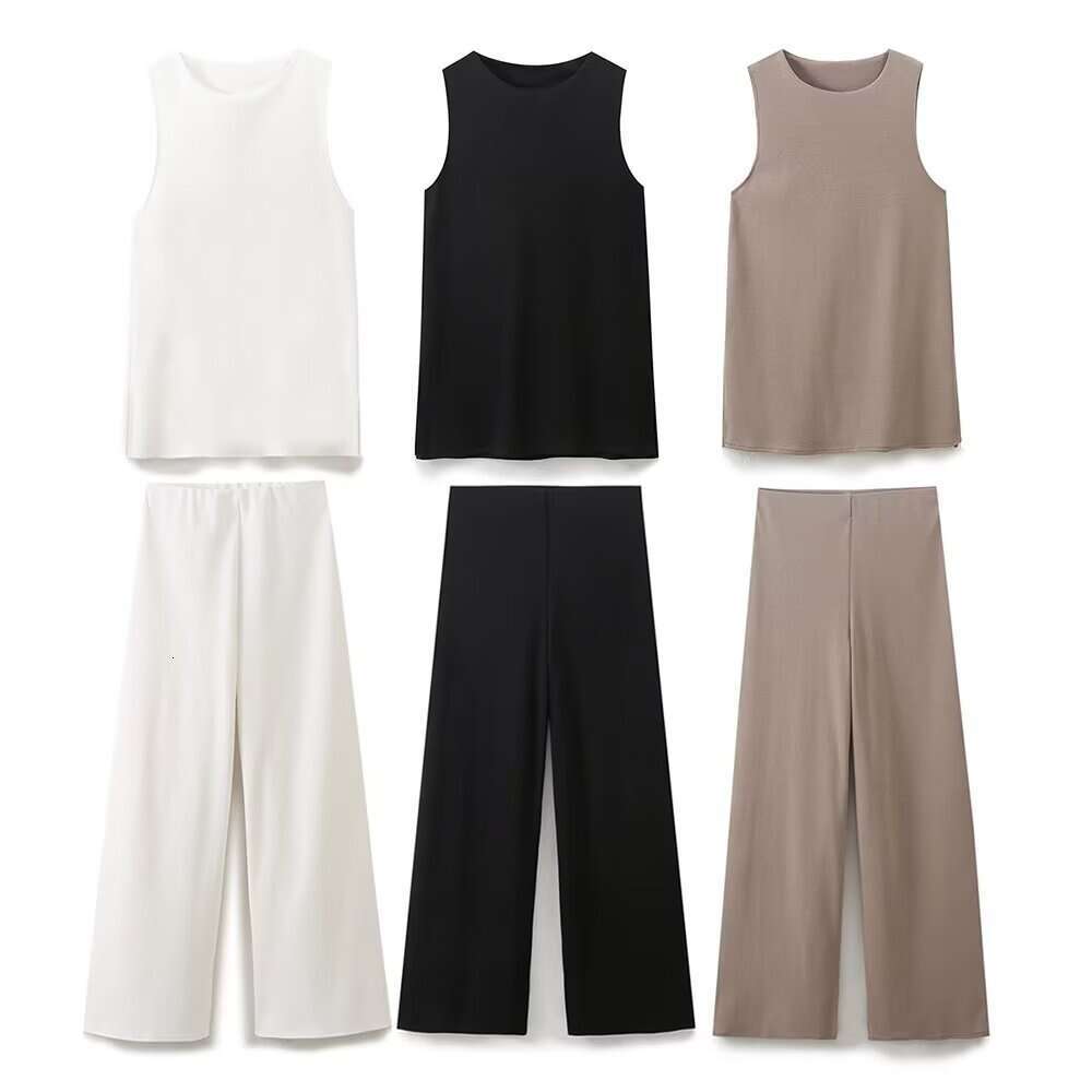 TRAFZA Spring Summer New Casual Fashion Versatile Round Neck Sleeveless Top Soft Wide-Leg Pants Light Luxury B5