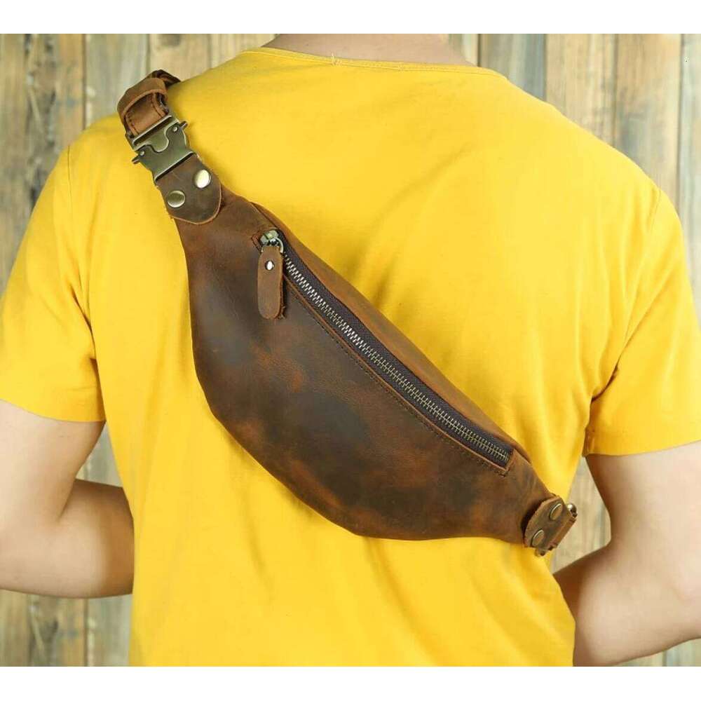 Vintage Men's Crazy Horse Waist Top Layer Cowhide Messenger Genuine Leather Outdoor Sports Cycling Chest Bag