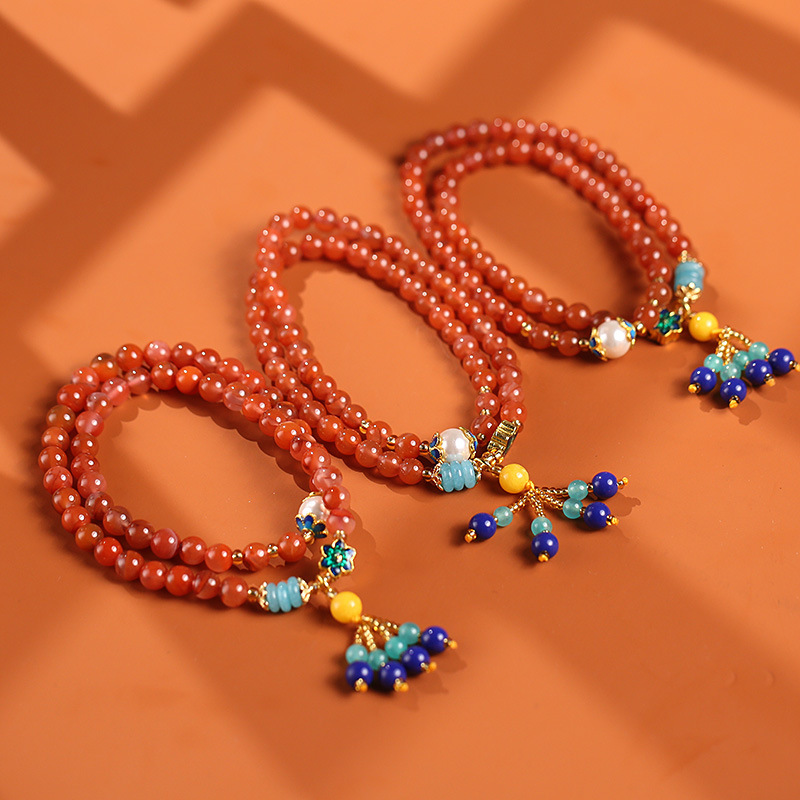 New Chinese Style Nanhong Tassel Bracelet Versatile Elegant with Imitation Pearl Cloisonne Accessories Multi loop Design Unisex