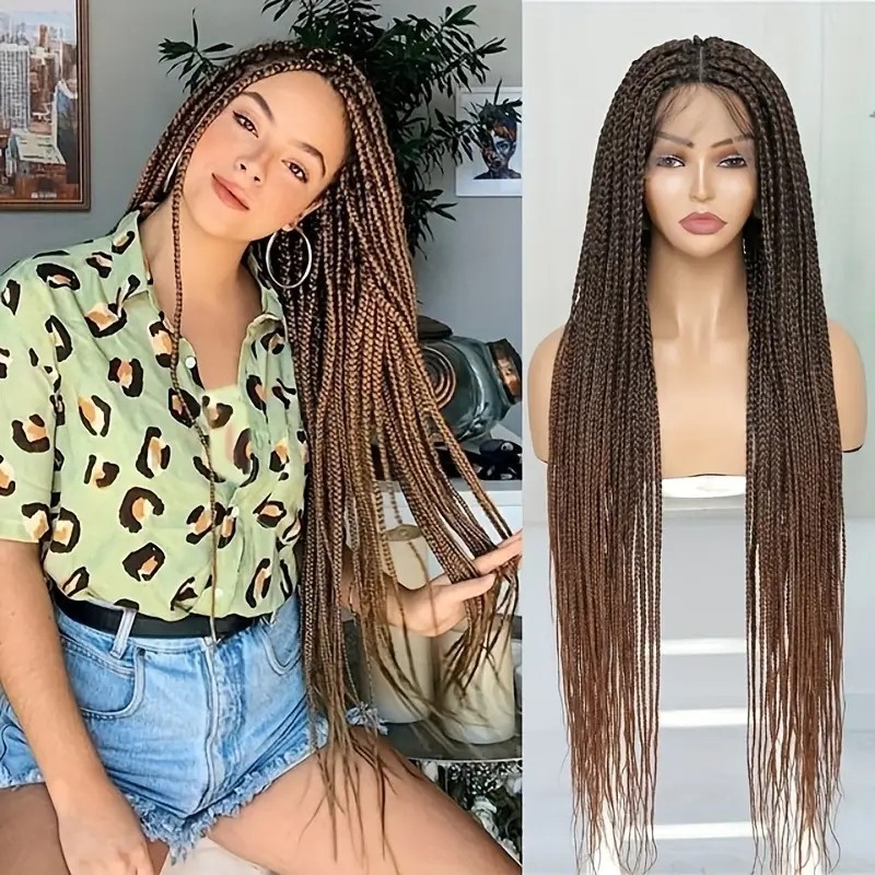 Handmade Africa Braided Style Wig Look Like Really Human Hair Long Curly Wig 360 Full Lace Braiding Wig Box Braid Braided Lace Front Wig Bohemian Boho