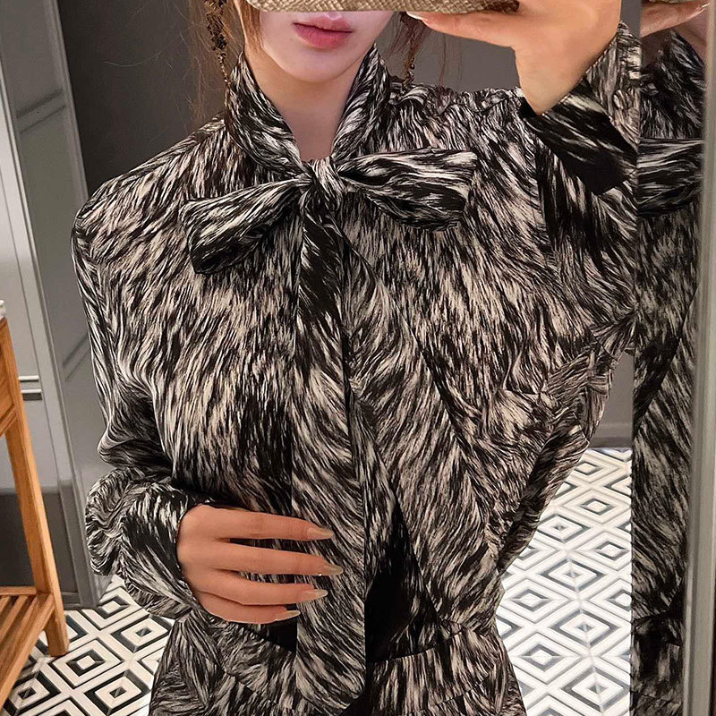Ladies Silk Blend Leopard Print Shirt Designer Tie-Neck Blouses Runway Oversized Fit Y2K Stylish Clothing S0754