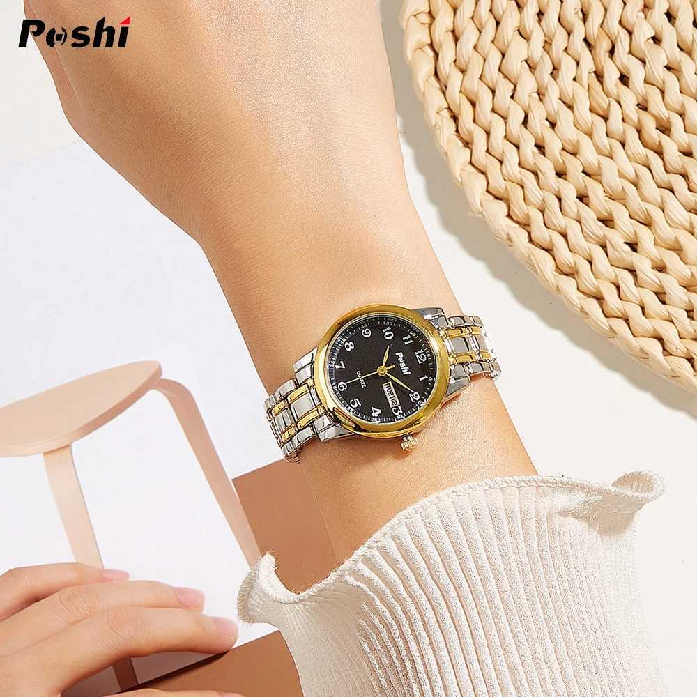 POSHI Original Waterproof Quartz Watch for Women Fashion Ladies Bracelet Luxury Stainless Steel Strap Date Week Womens Watches W250724