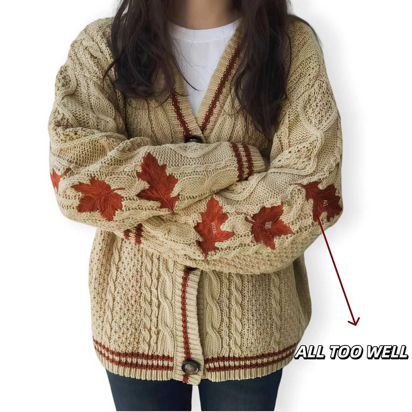 Women Midnights Dark Blue Stars Cardigans Autumn Female V-neck Knitted Maple Leaf Embroidery Beige Cardigan Khaki Sweater X250724
