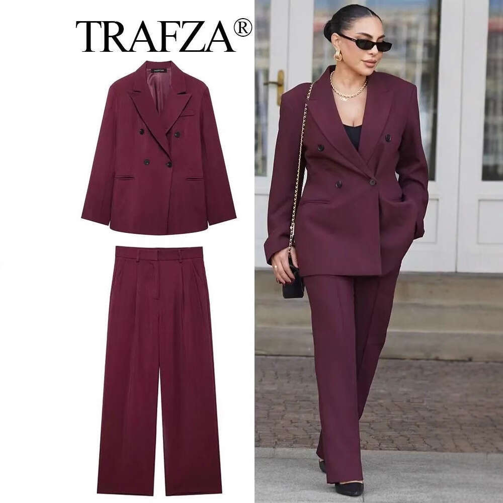 TRAFZAINS Autumn New Style Anker Red Double-Breasted Blazer Suit Pants Set B5