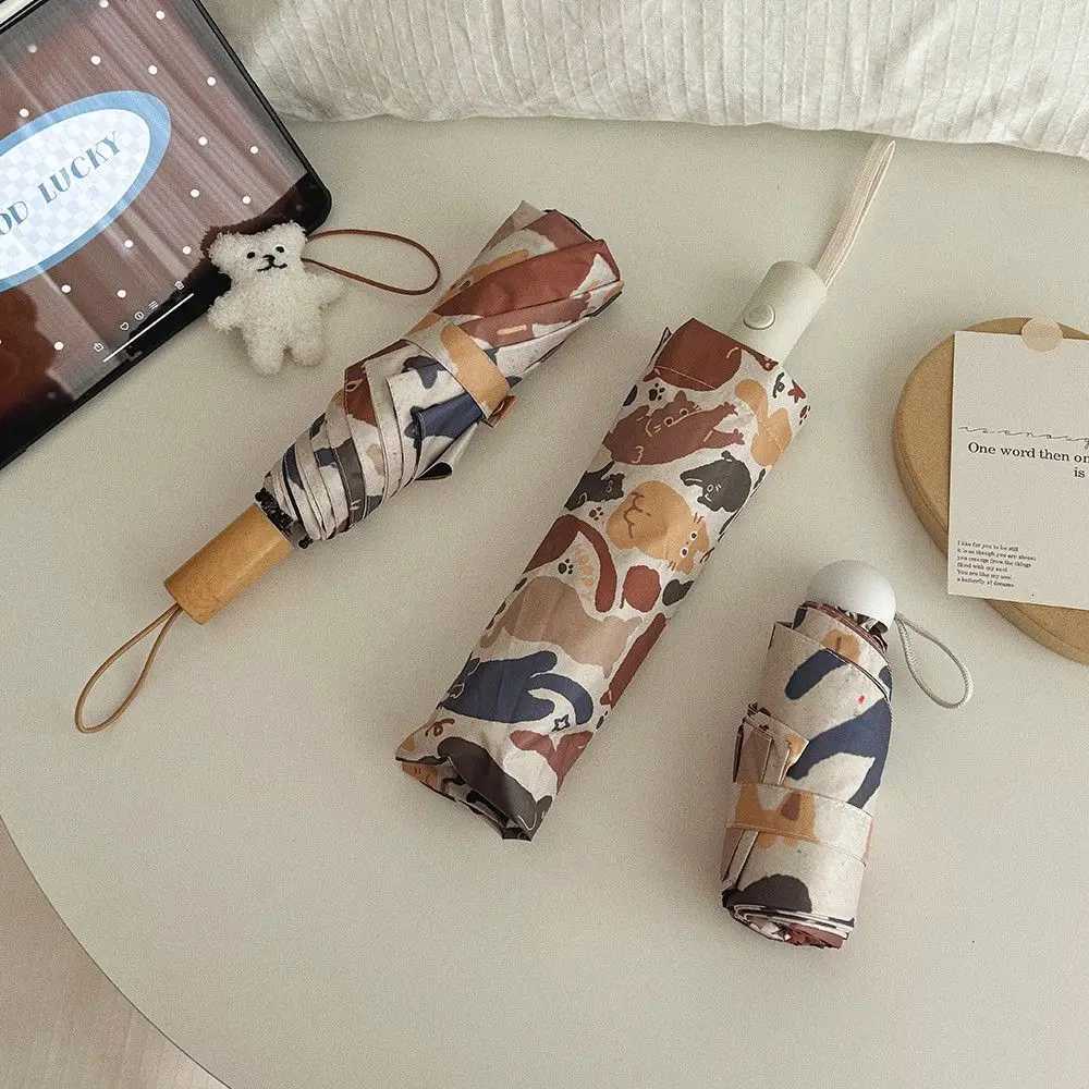 Fully Automatic Graffiti Ins Cat Folding Sun and Rain Dual-purpose Umbrella Sun Protection Portable Small Sun Umbrella Student R250724