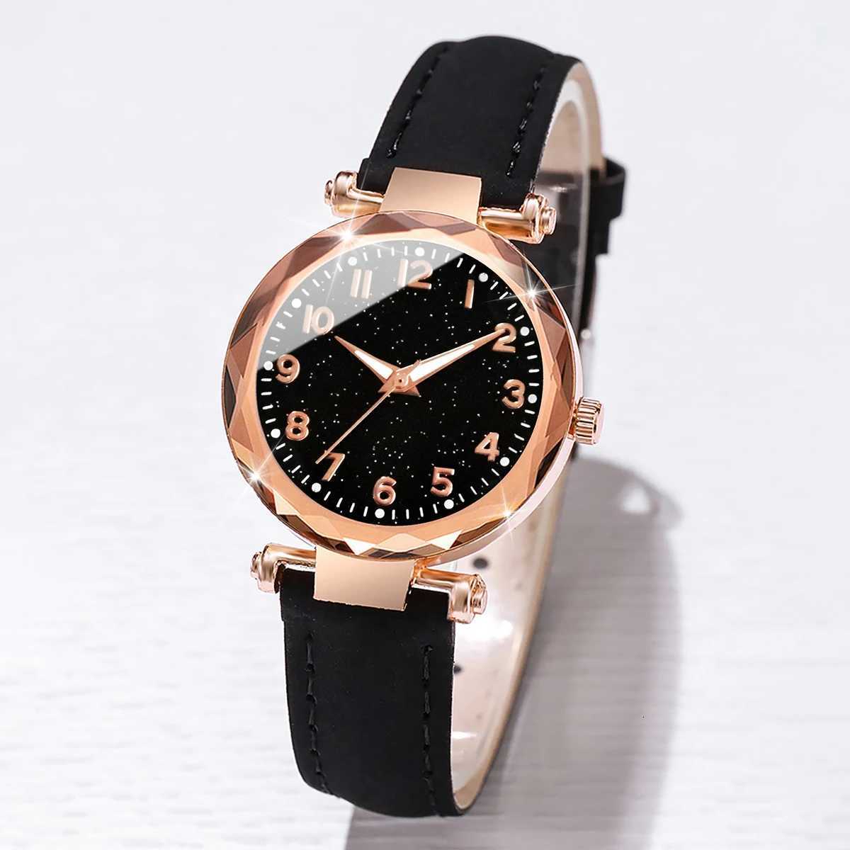 6PCs/Set Womens Watch Fashion Digital Leather Quartz Watch with Unique Flower Jewelry Set W250724