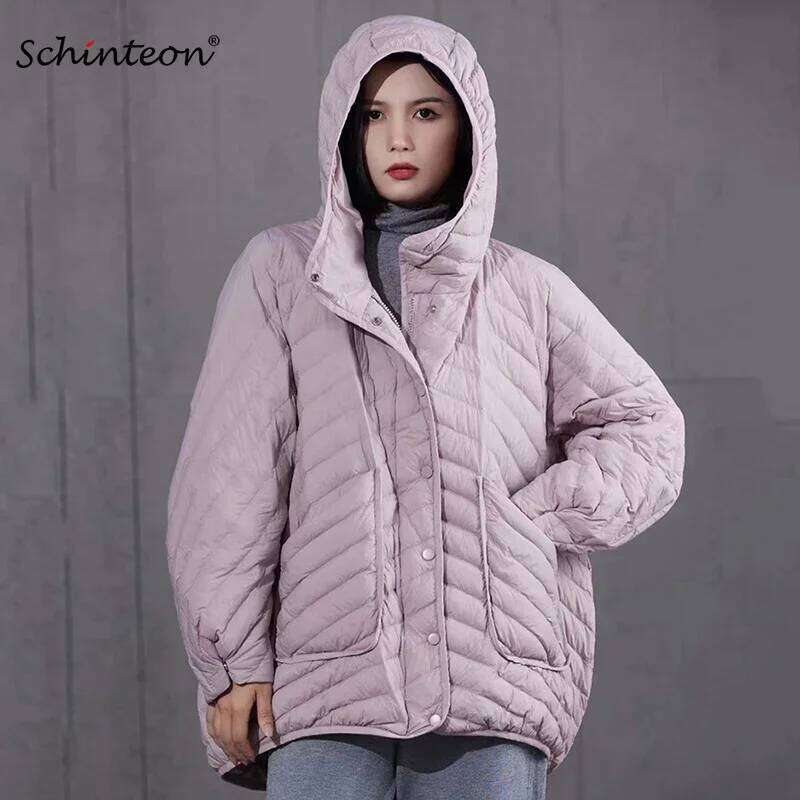 Schinteon Women 90% White Duck Down Jacket Over Size Loose Casual Autumn Winter Outwear Big Pocket Coat Hood 2024 New