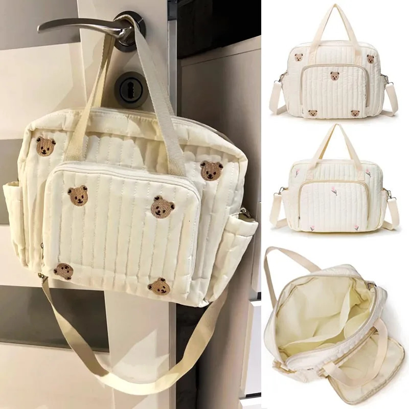 Baby Diaper Bag Cute Bear Flower Embroidery Pattern Mommy Beige Cotton Fabric Zipper Handbag Luggage Bag 250724