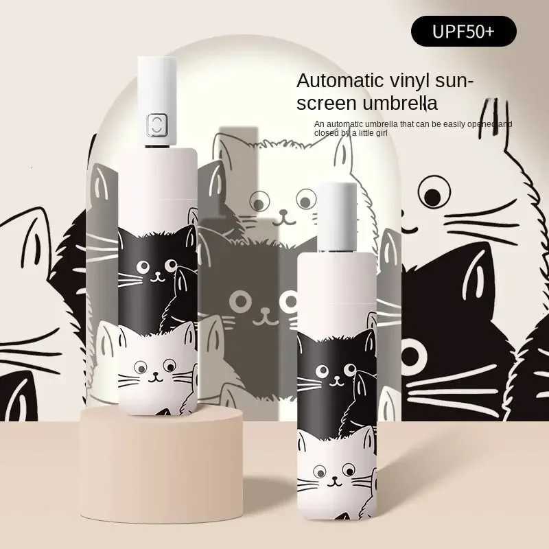 1pc Simple Cartoon Kittens Printed Black And White Automatic Umbrella Sunny And Rainy Dual-use UV Protection Umbrella R250724