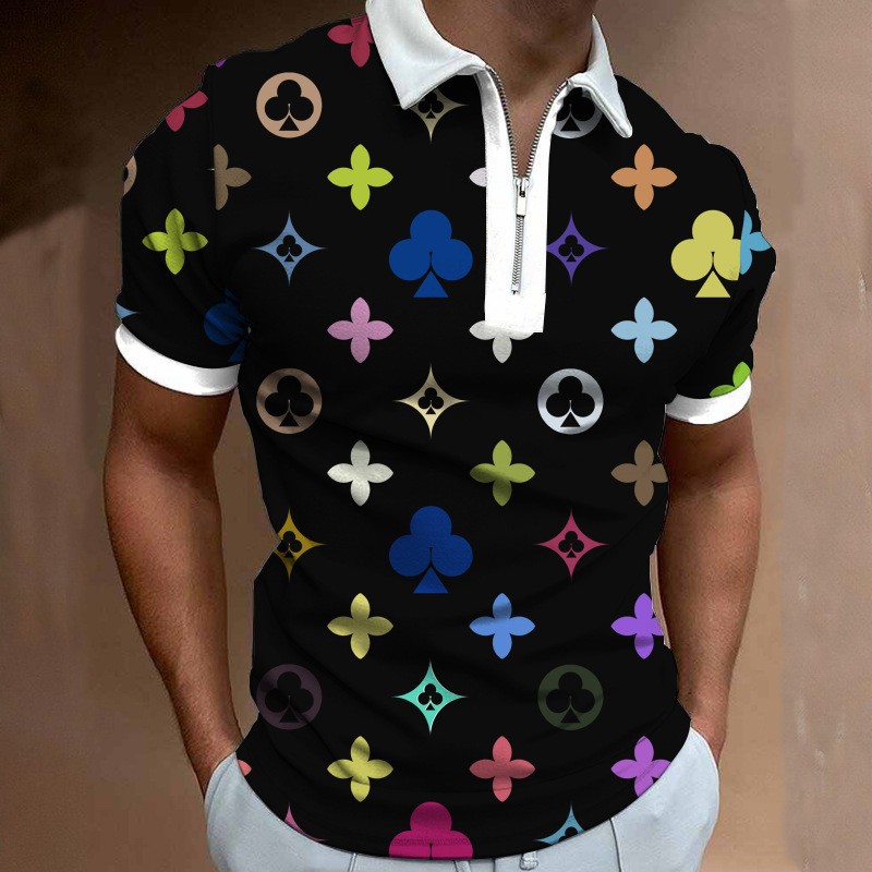 Spring and summer new men's lapel shirt 3D digital printing fashionable casual zipper short sleeved polo shirt with multiple colors