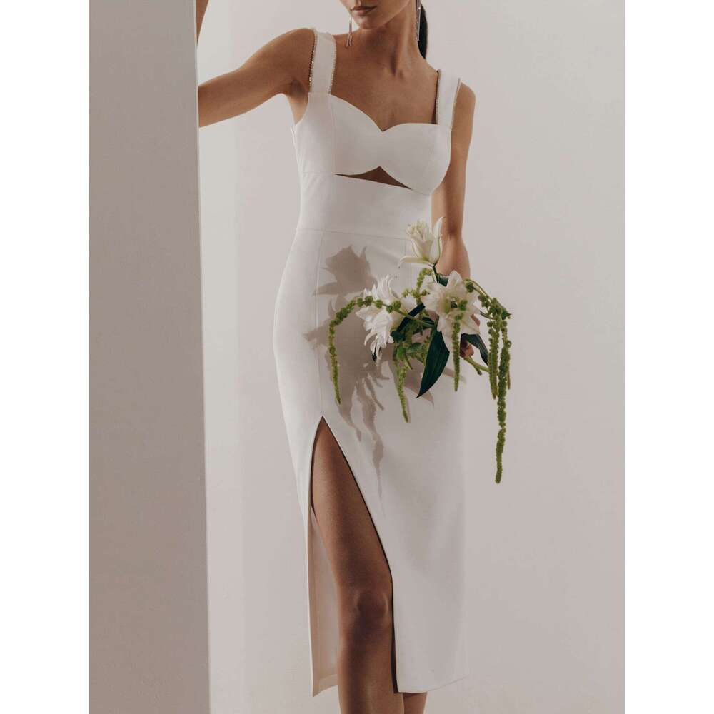 White Skirt Maxi Skirt Sexy Square Neck Wide Strap Slim Fit Elastic Waist Slit Slimming Bandage Dress Long Skirt