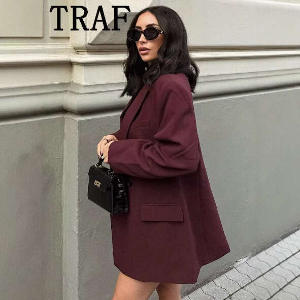 TRAFZA Autumn Winter Women's Fashion Elegant Burgundy Blazer Double-Breasted Jacket For Women B5