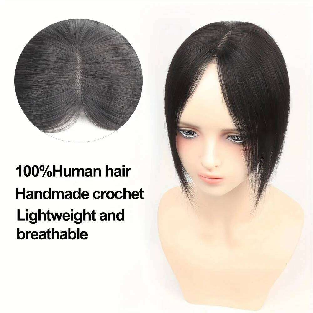 Human Top Piece Women Natural Black Bob with Bangs Full Coverage Invisible Seam Perfect for Restoration Hair