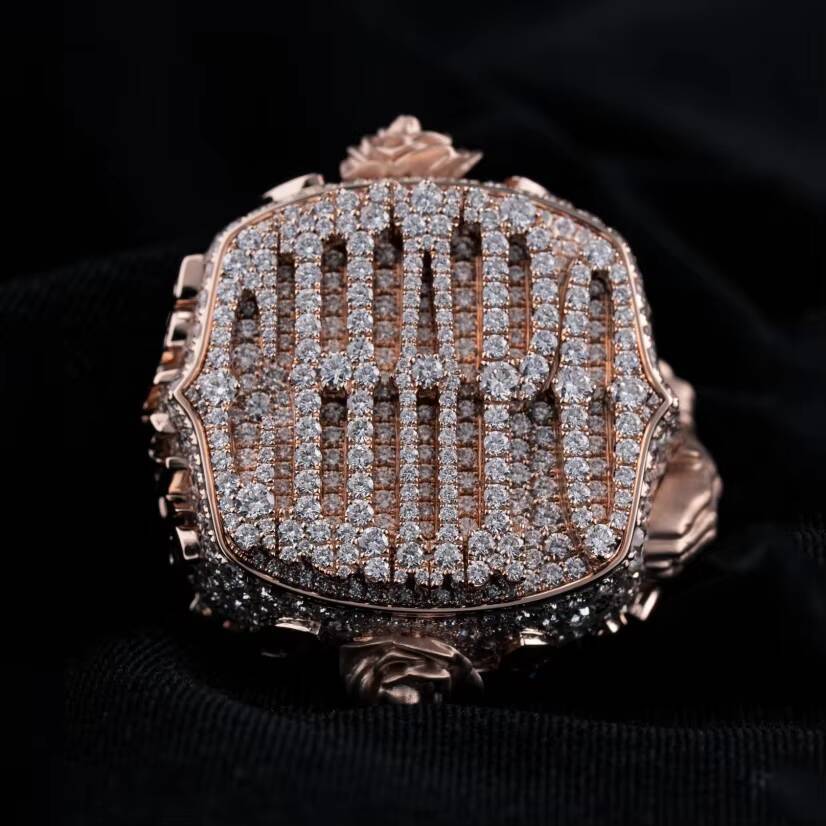 Customized Special Design 3D Rose Pray Hand Ring Rose Gold 925 Silver GRA Certified Moissanite Diamond Iced Out Letter Ring