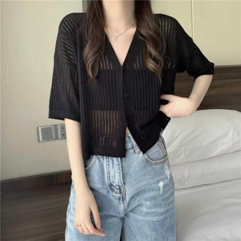 5 Neck Hollow Cardigan Women Summer Thin Short Sleeve Knitted Sun Protection Tops Korean Style Preppy All Match Crop Tops X250724