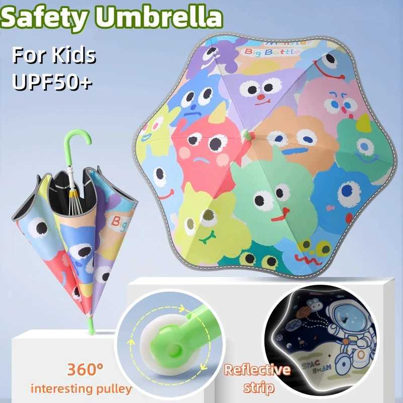 Cute Safety Kids Umbrella With Reflective Strip UPF50+ Round Corner Umbrellas With Wheel Anti-Poke UV Sun Rain Children Parasol R250724
