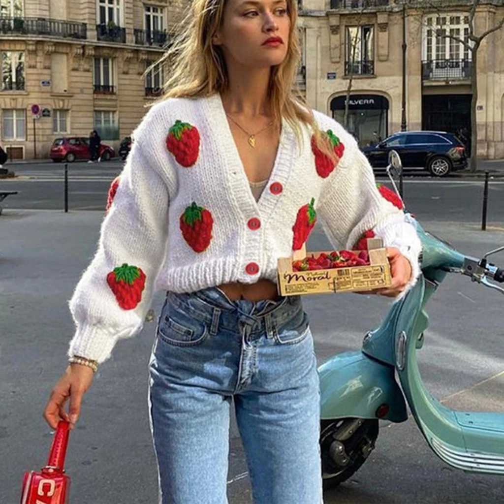 3D Strawberry Embroidery V-neck Lantern Long Sleeve Knitted Cardigan Coat for Women Y2K Single-breasted Knitwear Jacket X250724