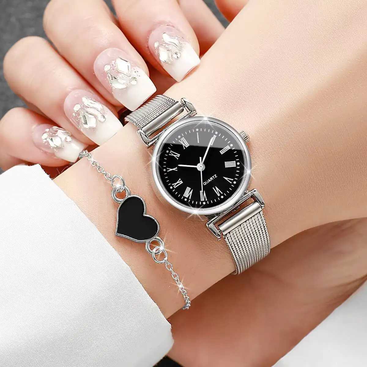 2/4PCS Fashion Roma Dial Quartz Watch Casual Mesh Strap Women Watches Bracelet Set Reloj MujerWithout Box W250724
