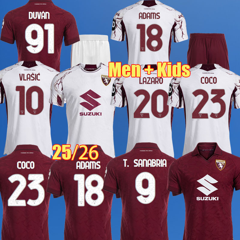25 26 Torino FC TOP ADAMS VLASIC Soccer Jerseys LAZARO RICCI DUVAN 2025 2026 PEDERSEN COCO LINETTY T SANABRIA LLIC Home Away men kids Uniform jersey