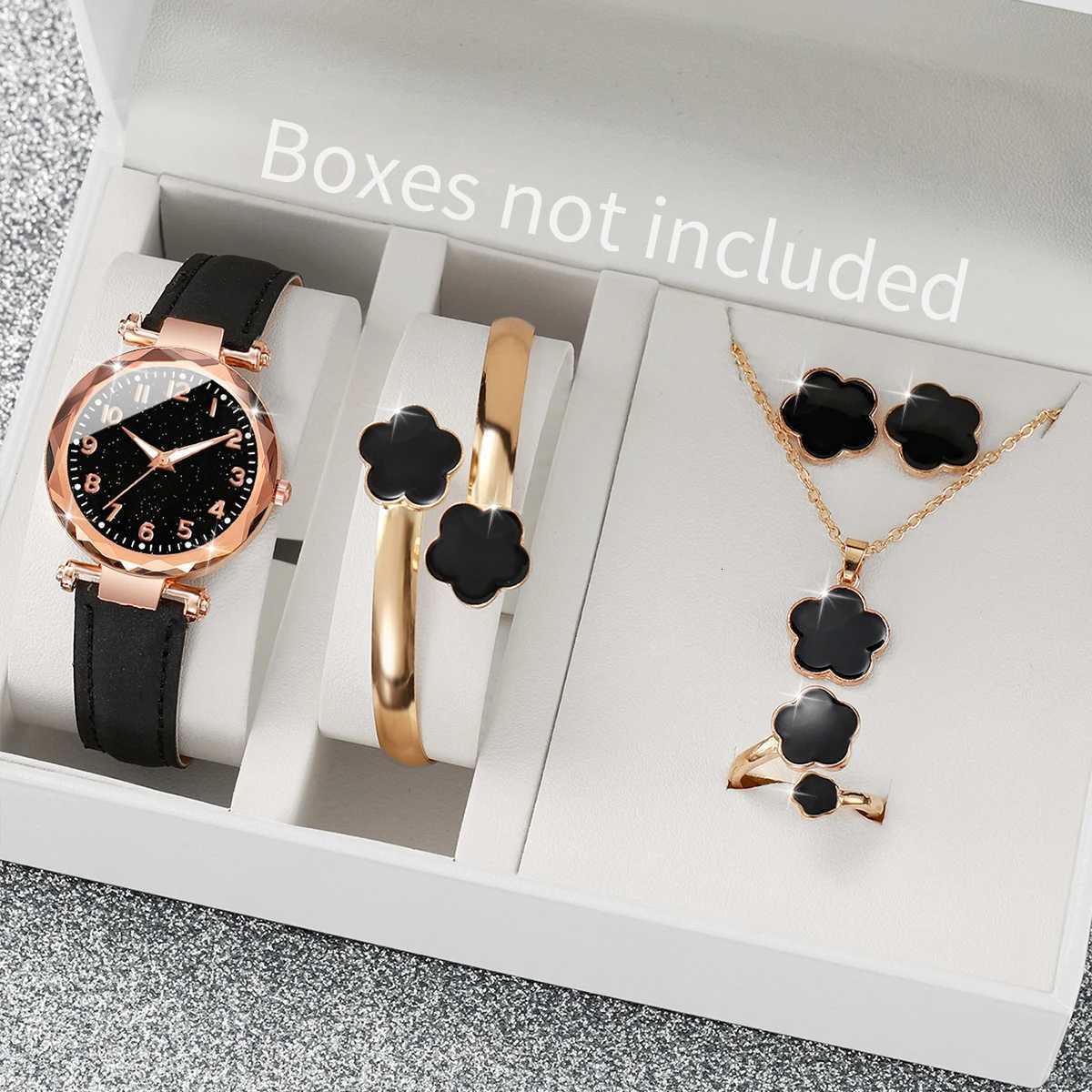6PCs/Set Womens Watch Fashion Digital Leather Quartz Watch with Unique Flower Jewelry Set W250724