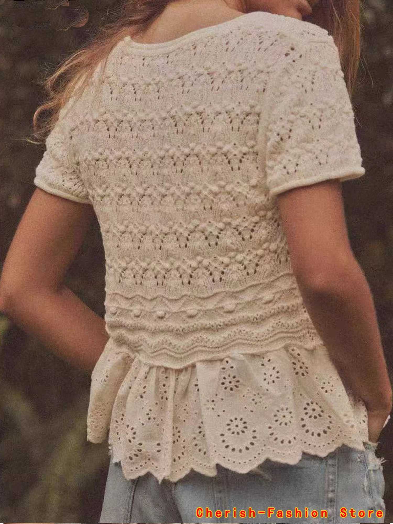 2025 Summer New Products Womens Clothing SplicedKnitted Romantic Style Round Neck Short Sleeve Top Knit Cardigan Embroidery X250724