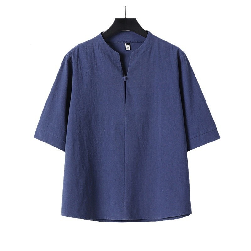 Plus Size Linen for Men, Summer Chinese Style, Cotton Linen, Half Sleeve, Button Down, V-Neck, Men's 3/4 Sleeve T-Shirt