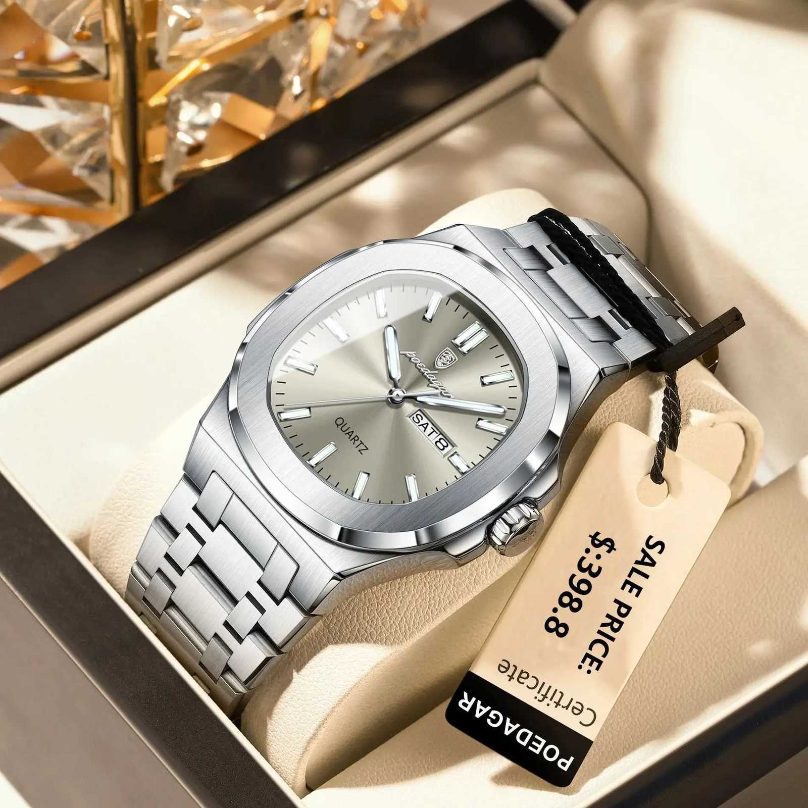 POEDAGAR Luxury Military Man Watch Square Waterproof Luminous Date Week Men Watch Stainless Steel Quartz Mens Watches Reloj+box W250724