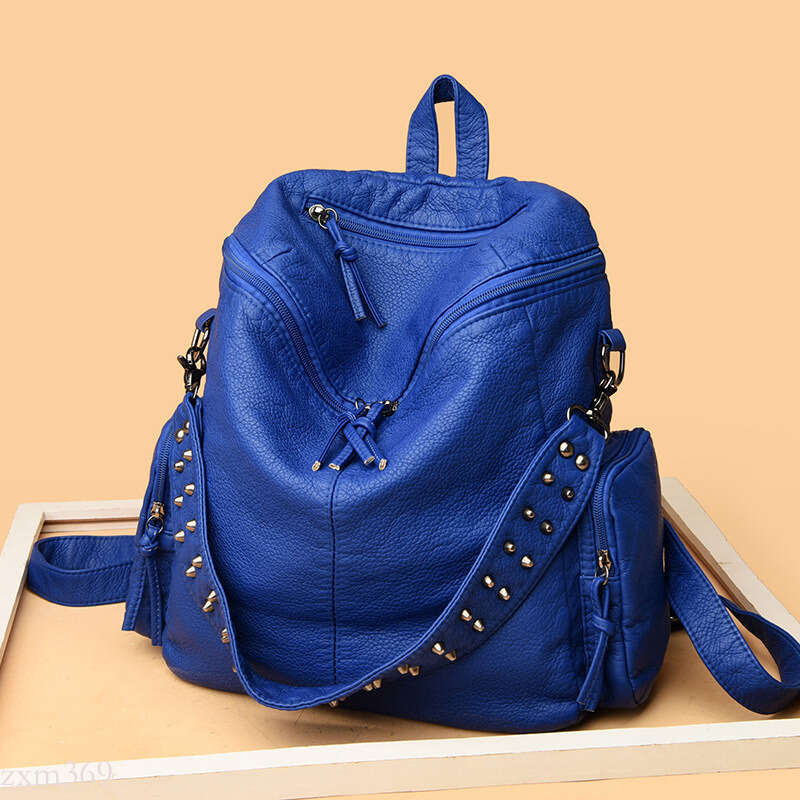 New Fashion Rivet Washed Leather Large Capacity Multi-Pocket Soft Bag Trendy Travel Backpack