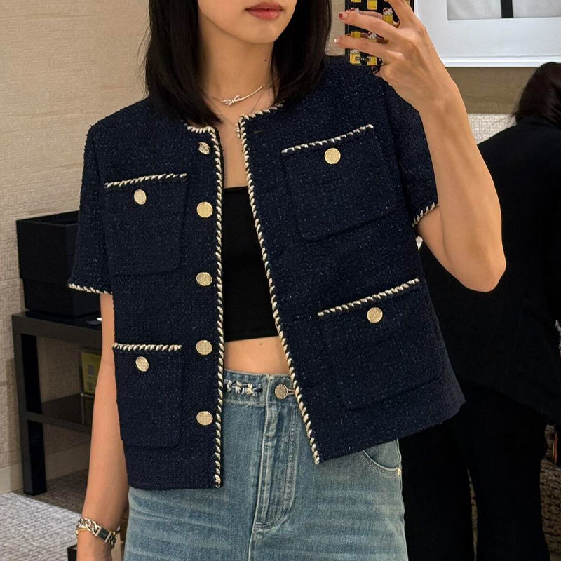 Chan Ladies Tweed Woven Cropped Jacket - Designer Round Neck Short Sleeve Coat, Single Breasted Y2K Clothing S0756